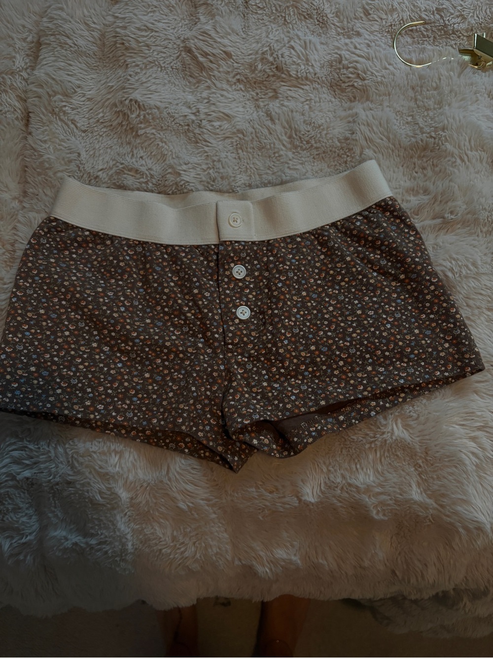 Brandy Melville Brown Floral Button-Front Sleep Shorts with Cream Waistband